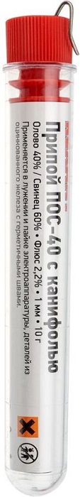 Припой Rexant 09-3100 с канифолью ПОС-40, 10 г, Ø1.0 мм, (олово 40%, свинец 60%), колба