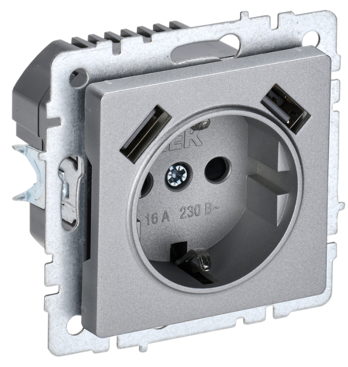 Розетка с заземлением IEK BR-R14-16-U21-D31-K47 BRITE с защитными шторками 16А с USB A+A 3,1А РЮш10-2-БрА Алюминевый