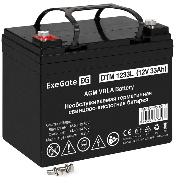 Батарея аккумуляторная Exegate DTM 1233L EX297555RUS (12V 33Ah, болт М6)