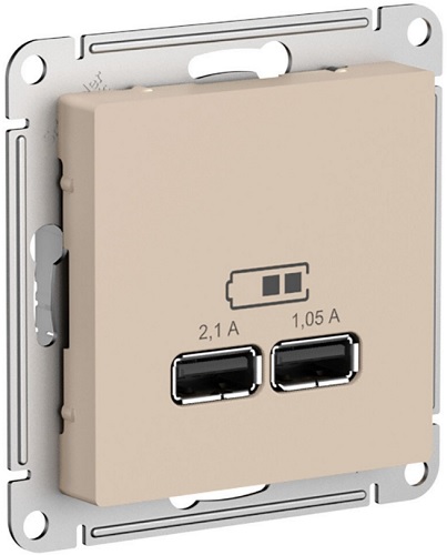 Розетка USB Systeme Electric ATN001233 AtlasDesign A+A, 5В/2,1 А, 2х5В/1,05 А, механизм, Песочный