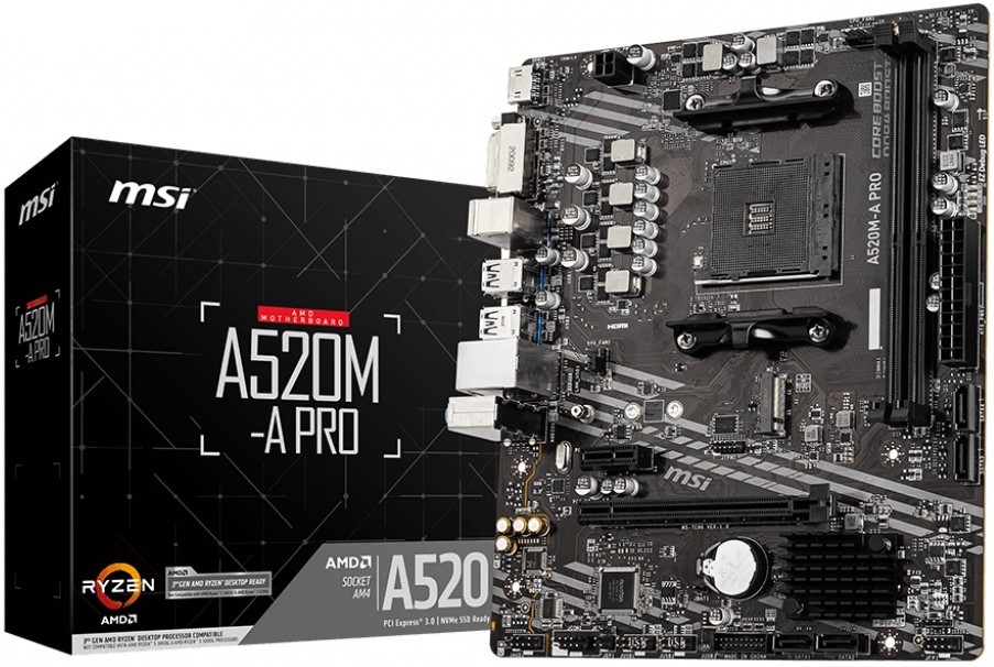 Материнская плата mATX MSI A520M-A PRO (AM4, AMD A520, 2*DDR4(4600), 4*SATA 6G, M.2, 2*PCIE, 7.1CH, Glan, 6*USB 3.2, DVI-D, HDMI)