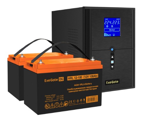 Комплект Exegate SineTower SZ-2000.LCD.AVR.3SH.1C13.USB EX296851RUS ИБП EX295989RUS + батарея 100Aч EX285656RUS 2шт (инвертор, синус, для котла) 2000V