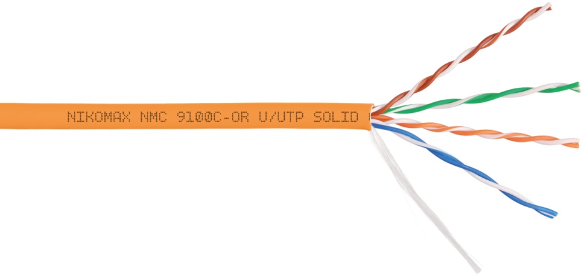 Кабель витая пара U/UTP 5e кат. 4 пары NIKOMAX NMC 9100C-OR 24AWG(0.52 мм), медь, одножильный (solid), внутренний, полимерный материал, нг(A)-HF, оран