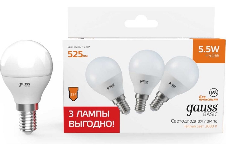 Лампа светодиодная Gauss 10531152T Basic 5.5Вт цок.:E14 шар 220B 3000K св.свеч.бел.теп. (3шт)