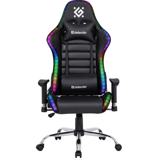 Кресло Defender Ultimate 64355 игровое, черное, полиуретан высокой плотности, RGB-подсветка, газпатрон 3кл, ролики 60мм, механизм качания