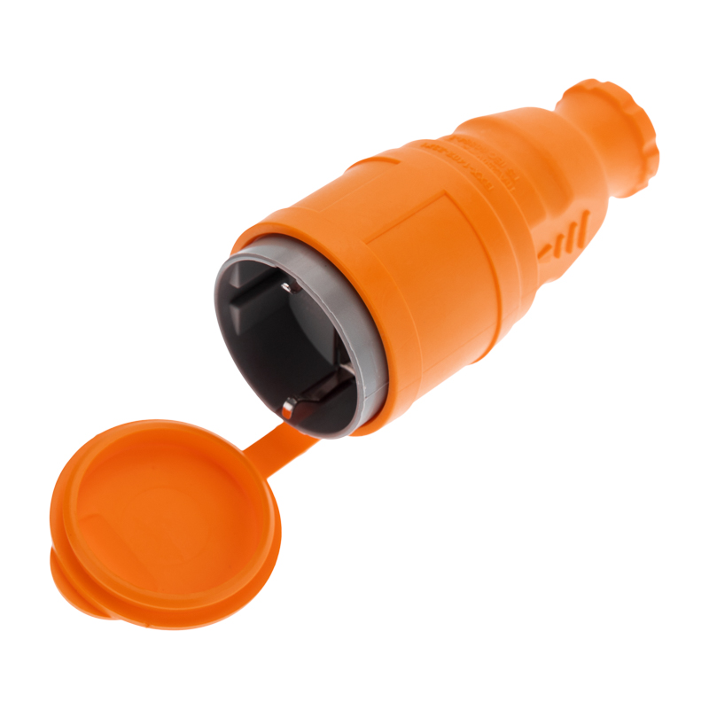 Розетка Rexant 111-123 переносная влагозащищенная с крышкой, с/з, 16 А, IP44, каучук оранжевая