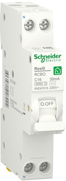 Автоматический выключатель Schneider Electric RESI9 R9D87616 дифференциального тока (ДИФ) 1P+N С 16А 6000A 30мА 18mm тип AC