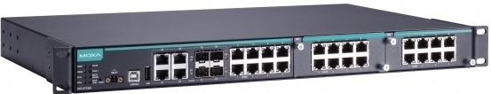 Коммутатор управляемый MOXA IKS-6728A-4GTXSFP-24-24-T модульный Ethernet: 8 портов 10/100BaseT(X), 4 комбо-порта 10/100/1000BaseT(X) (RJ45 + SFP), 2 с