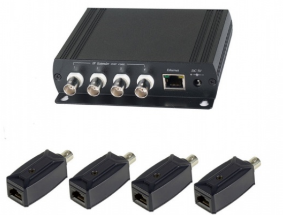 Комплект SC&T IP01K (IP01(4шт.)+IP01H(1шт.), для передачи Ethernet  от 4-х устройств по коаксиальному кабелю до 200 метров. Скорость передачи 10Мб/с(п