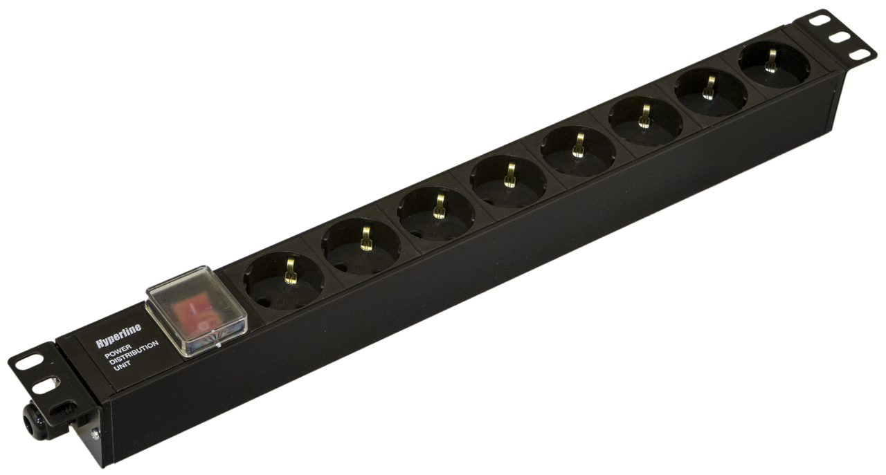 Блок розеток 19, 8 розеток Hyperline SHE19-8SH-S-CB горизонтальный, Schuko, выключатель с подсветкой, без кабеля питания, клеммная колодка 16A, 250В,