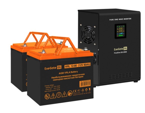  Комплект Exegate FineSine SX-2000.LCD.AVR.2SH EX296598RUS ИБП EX296001RUS + батарея 80Aч EX285654RUS 2шт (инвертор, синус, для котла, настенный) 2000V