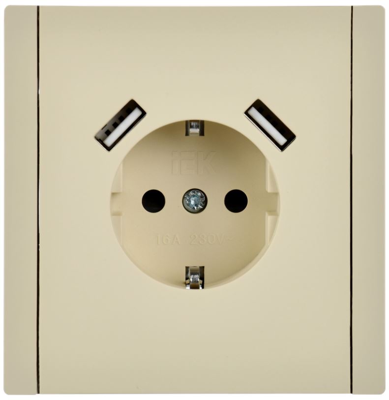 Розетка с заземлением с 2 USB IEK FP-R14-16-U21-D31-K10 FORTE&PIANO с защитными шторками в/к 16А тип A+тип A 3,1А FP445 ваниль