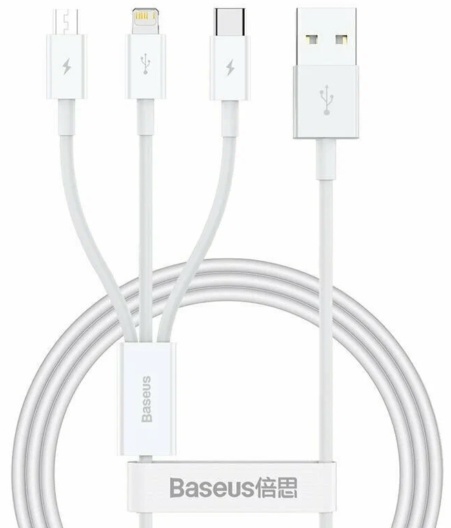 Кабель интерфейсный Baseus P10320105221-01 Superior Series Fast Charging Data USB to M+L+C 3.5A 0.5m Stellar White