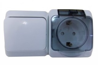 Блок Schneider Electric BPA16-241B Этюд выключатель 1-клавишный + розетка с заземлением, со шторками, наружный, 250 В, IP44 (белый)