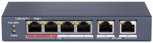 Коммутатор HiWatch DS-S604P Сетевой неуправляемый 4 RJ45 100M PoE, 2 порта с высоким приоритетом, 2 Uplink порта 100М Ethernet