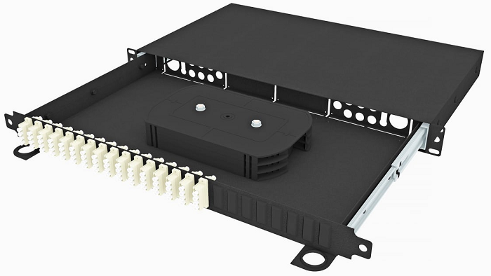 Кросс оптический стоечный TopLAN КРСв-Top-1U-64LC/U-OM2-BK выдвижной 19, 64 LC/UPC адаптеров, многомодовый (50/125), 1U, черный, укомплектованный