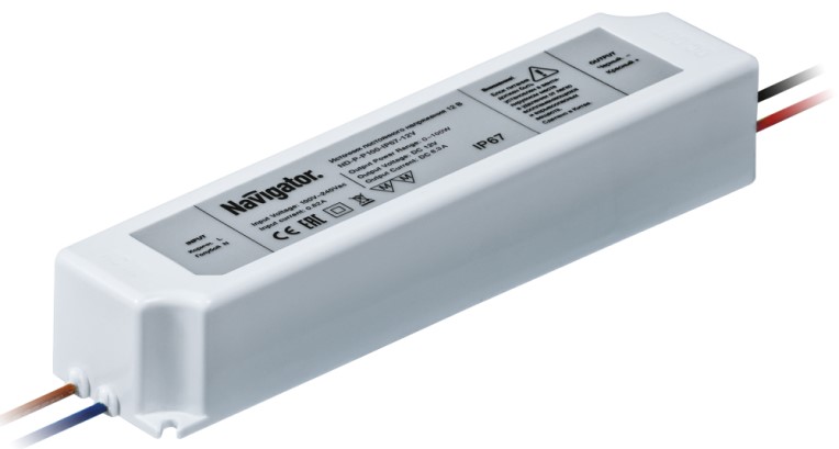 Драйвер светодиодный Navigator ND-P-P100-IP67-12V 71 498 100Вт, вх. 176–264В/вых. 12В DC, 192х52х37мм, IP67 (для ND-P40/P60/P100/P150) (71498)