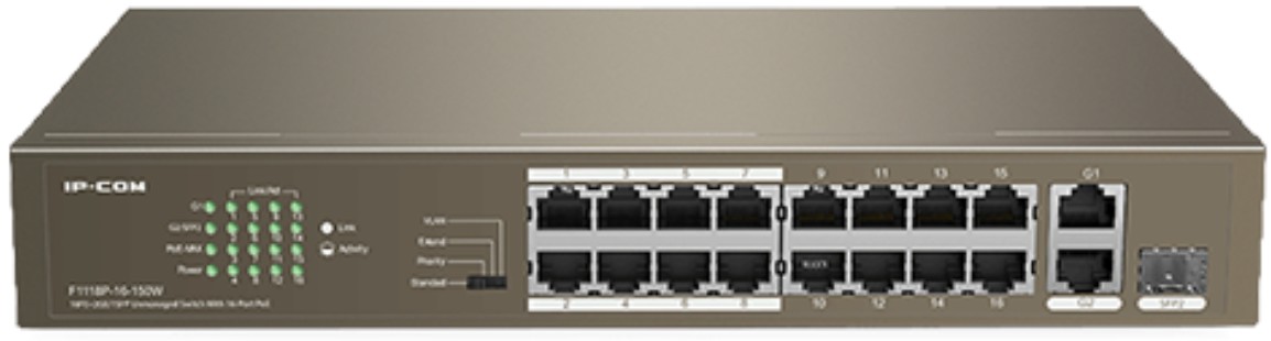 Коммутатор неуправляемый IP-Com F1118P-16-150W PoE, 18 портов, 16х100 Мбит/с, 2x1 Гбит/с, SFP 1x1 Гбит/с, PoE 16х30 Вт