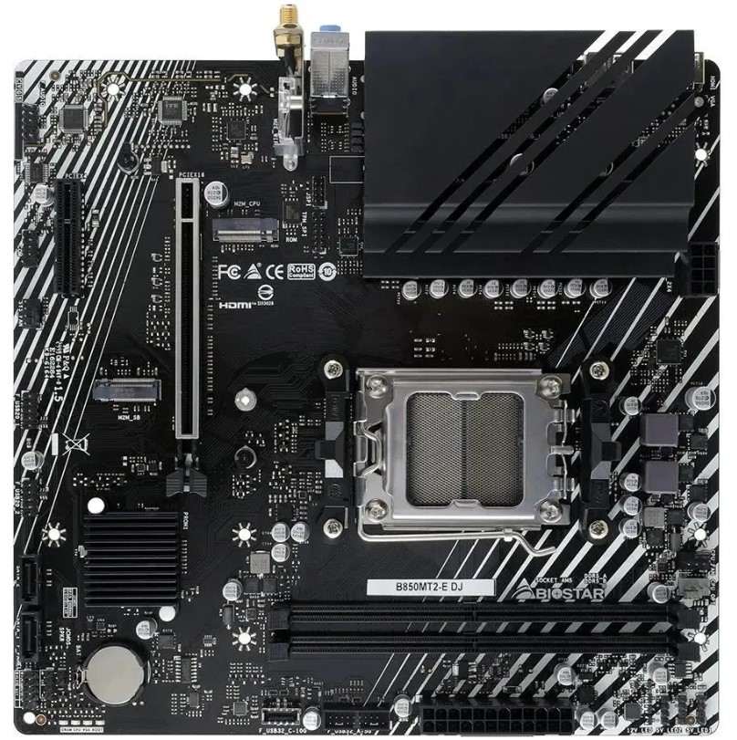 Материнская плата mATX Biostar B850MT2-E DJ (AM5, AMD B850, 2*DDR5 (5600), PCIe, M.2, 2*SATA, 4*USB 3.0, 2*USB 2.0, HDMI, DP)