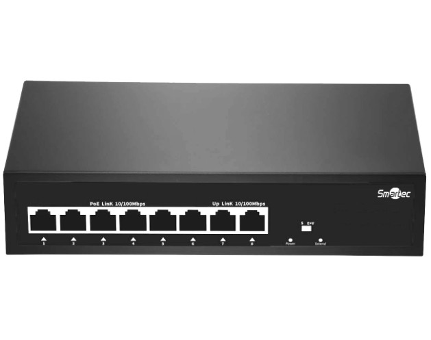 Коммутатор неадминистрируемый Smartec ST-NS206MB-MD 6 RJ-45 POE портов (10/100 Мбит/с), 2 RJ-45 Uplink порта (10/100 Мбит/с), бюджет на порт до 30 Вт,