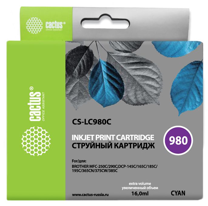 Картридж Cactus CS-LC980C голубой для Brother DCP-145C/165C/MFC-250C/290C (16мл)