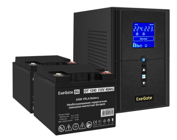 Комплект Exegate SineTower SZ-1500.LCD.AVR.2SH.1C13.USB EX296816RUS ИБП EX295988RUS + батарея 40Aч EX282976RUS 2шт (инвертор, синус, для котла) 1500VA