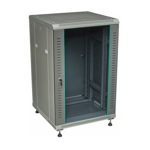 Шкаф напольный 19, 18U W&T B186060GWTWOF 600x600 мм, передняя дверь стекло, задняя глухая металл, цвет серый. Без вент.