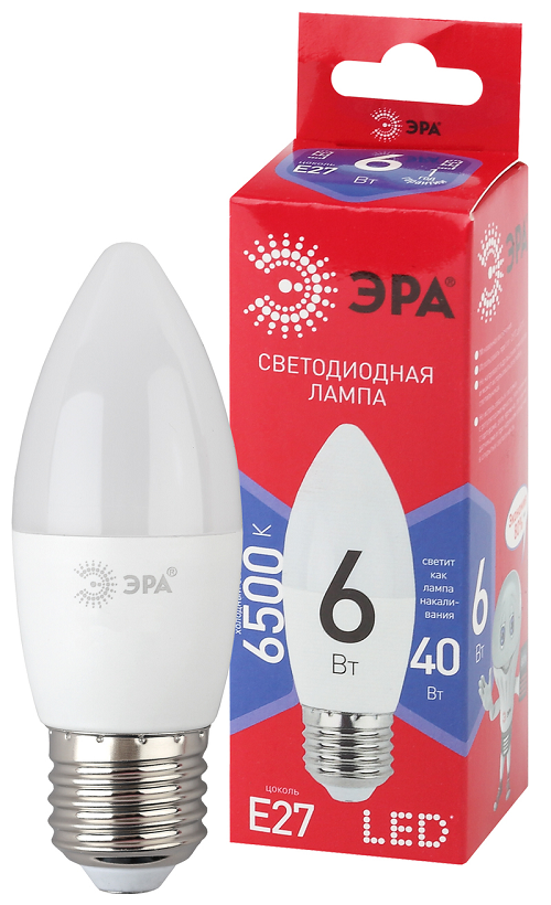 Лампа светодиодная ЭРА Б0045340 LED B35-6W-865-E27 R (диод, свеча, 6Вт, хол, E27)