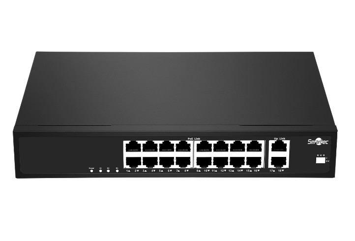 Коммутатор неадминистрируемый Smartec ST-NS216MB-GD 16 RJ-45 POE портов (10/100 Мбит/с), 2 RJ-45 Uplink порта (1000 Мбит/с), бюджет на порт до 30 Вт,