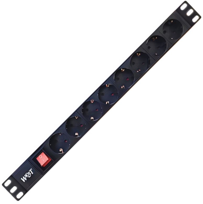 8 розеток тип Schuko (Для Евровилки) Блок розеток 19, 8 розеток W&T WT-PDU-G8 19 EURO на 8 гнезд с выключателем, 220 В
