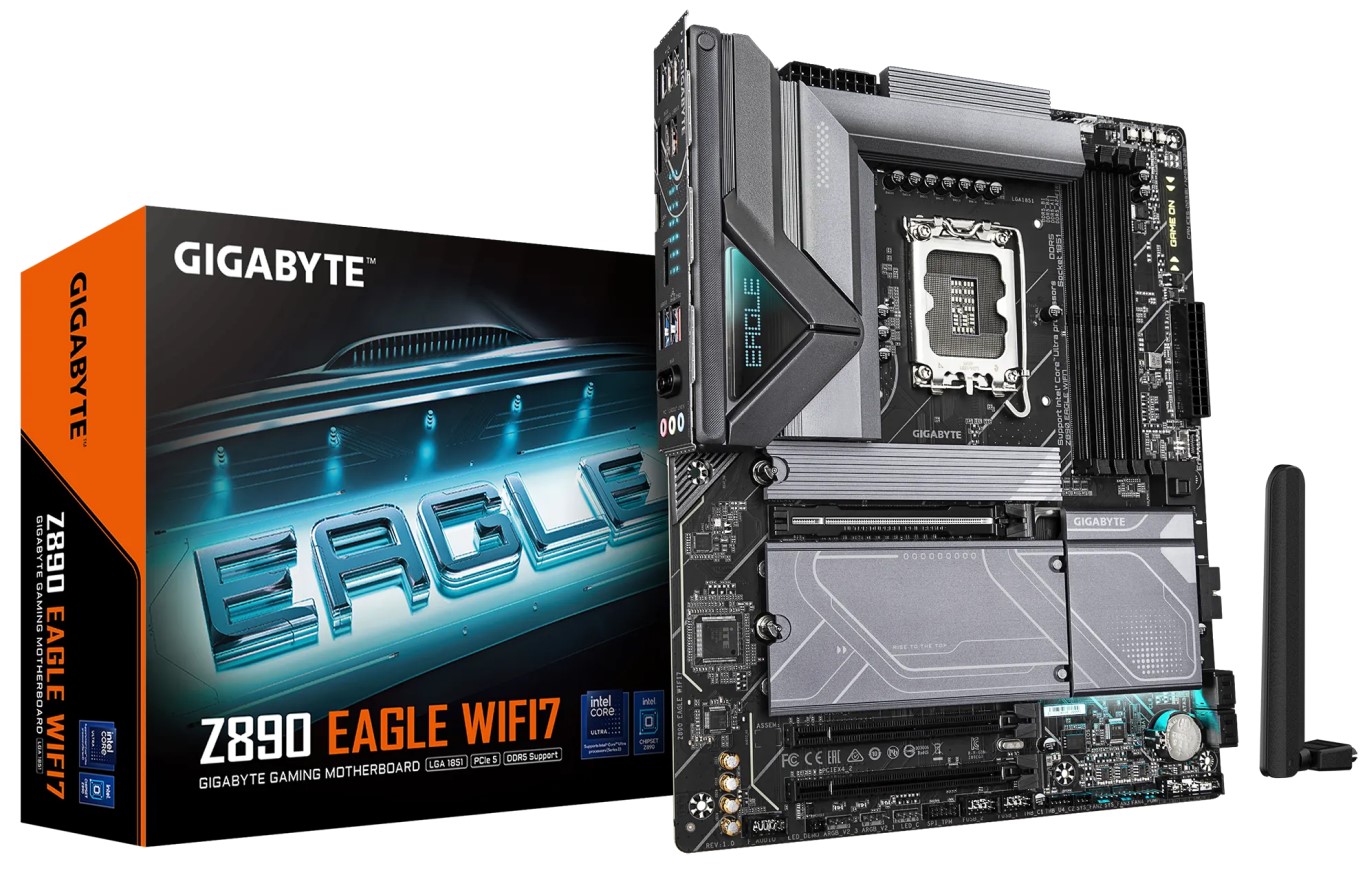 Материнская плата ATX GIGABYTE Z890 EAGLE WIFI7 (LGA1851, Z890, 4*DDR5 (5600), 4*SATA 6G RAID, PCIe, 4*M.2, WiFi, BT, 5*USB 3.2, 4*USB 2.0, USB Type-C