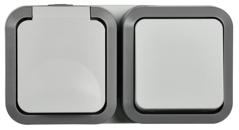 Блок IEK TS-G10-6-55-V-K41 TORS розетка с заземлением + выключатель одноклавишный гор. 16А IP55 TS242, серо-белый