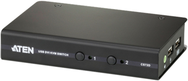 Переключатель KVM Aten CS72D-AT switch, электрон, DVI-D+KBD+MOUSE+AUDIO, 1> 2 блока/порта/port USB, спец.шнуром USB 1.2м