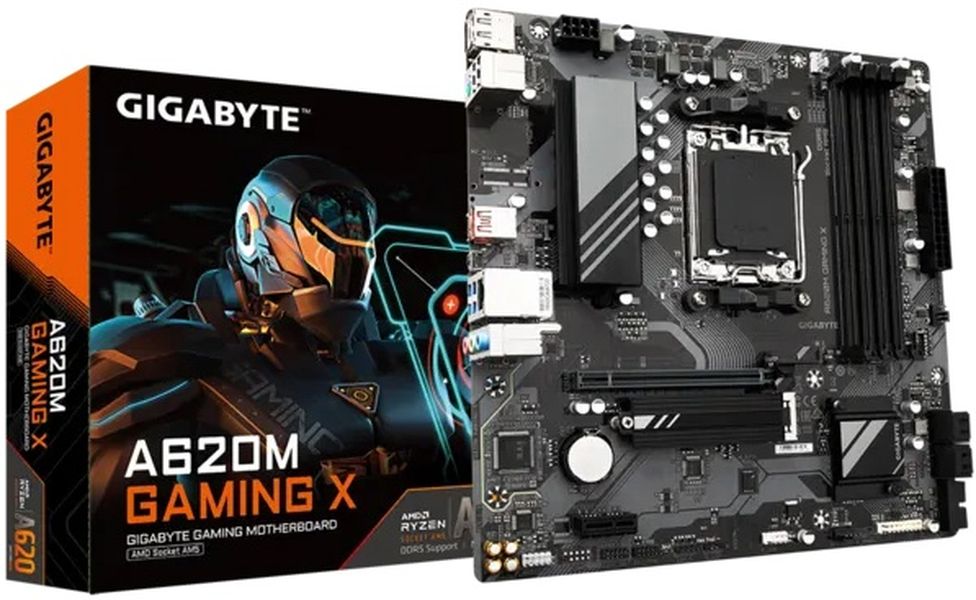 Материнская плата mATX GIGABYTE A620M GAMING X (AM5, AMD A620, 4*DDR5 (8000), 4*SATA 6G RAID, M.2, 2*PCIE, Glan, HDMI, DP, 2*USB Type-C, 2*USB 3.2, 2*