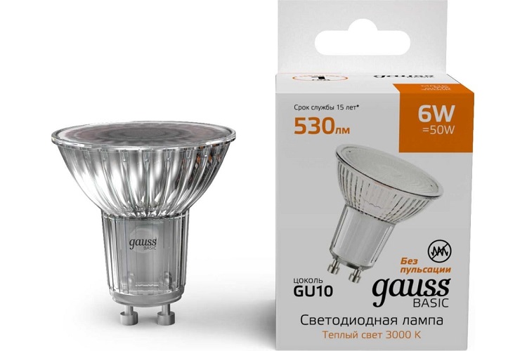 Лампа светодиодная Gauss 10106162 Basic 6Вт цок.:GU10 софит св.свеч.теп.св./дневн.