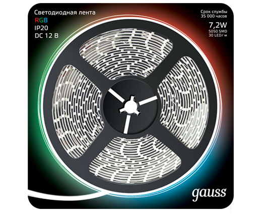 Лента Gauss 312000407 LED 5050-SMD 7.2W 12V DC RGB (блистер 5м)