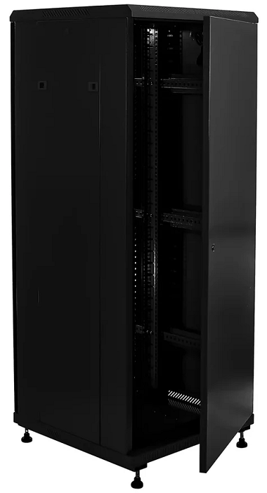 Шкаф напольный 19, 32U W&T B326060BWTWOF 600x600 мм, передняя дверь стекло, задняя глухая металл, цвет чёрный. Без вент.