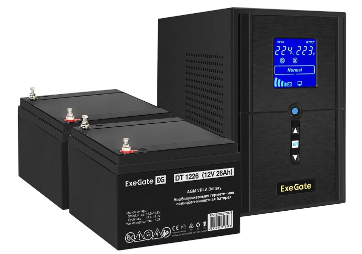 Комплект Exegate SineTower SZ-1000.LCD.AVR.2SH.1C13.USB EX296789RUS ИБП EX295987RUS + батарея 26Aч EX282970RUS 2шт (инвертор, синус, для котла) 1000VA