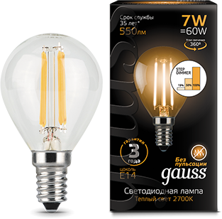 Лампа светодиодная Gauss 105801107-S LED Filament Шар E14 7W 550lm 2700K step dimmable