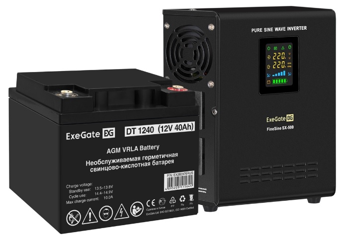 Комплект Exegate FineSine SX-500.LCD.AVR.2SH EX296497RUS ИБП EX295995RUS + батарея 40Aч EX282976RUS 1шт (инвертор, синус, для котла, настенный) 500VA/