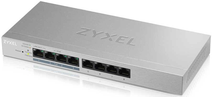 Коммутаторы интеллектуальные Коммутатор управляемый ZYXEL GS1200-8HPV2-EU0101F 8xGE (4xPoE+), настольный, бесшумный, бюджет PoE 60 Вт