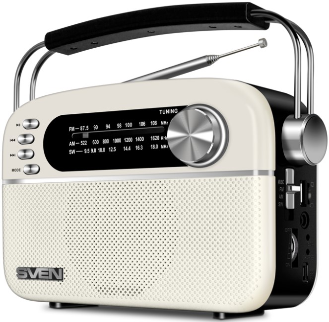 Радиоприемник Sven SRP-505 SV-020439 белая (3 Вт, BT, FM/AM/SW, USB, microSD, AUX, встроенный аккумулятор)