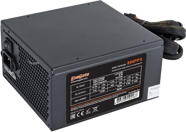 730-875W Блок питания ATX Exegate 850PPX EX259613RUS 850W RTL, black, APFC, 14cm, 24p+2*(4+4)p, PCI-E,4*IDE,5*SATA,FDD