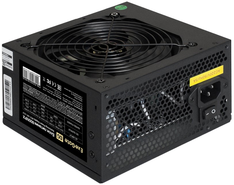 Блок питания ATX Exegate 800NPX EX292181RUS-S (800W, SC, 12cm fan, 24pin, 2x(4+4)pin, PCI-E, 3xSATA, 2xIDE, black, кабель 220V с защитой от выдергиван