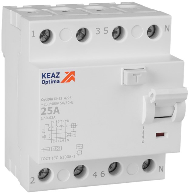 УЗО КЭАЗ 343915 OptiDin DM63-4225-A-4,5-УХЛ4 4P 25A 30mA