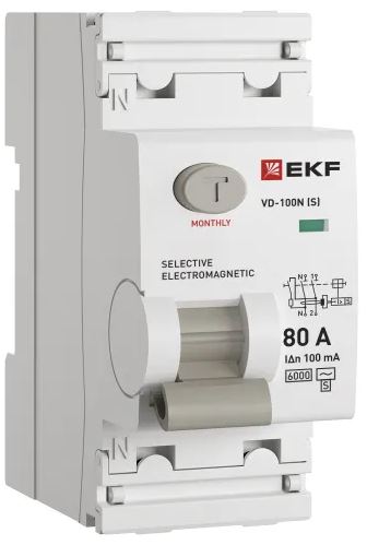 УЗО EKF E1026MS80100 ВДТ ВД-100N (S) 2P 80А 100мА AC эл-мех 6кА PROXIMA