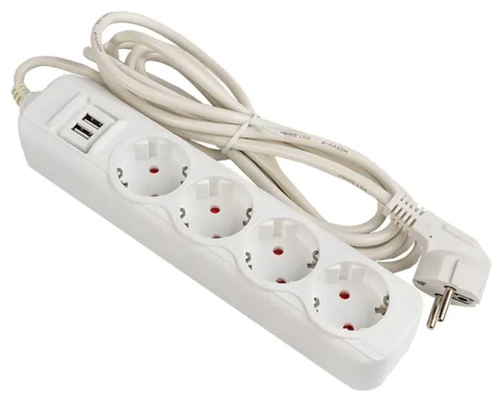 Удлинитель EKF UBA16-2USB-4-02i Эксперт 4 гнезда 2 метра 13А/3,0кВт с 2 USB 2,1А ПВС 3х1