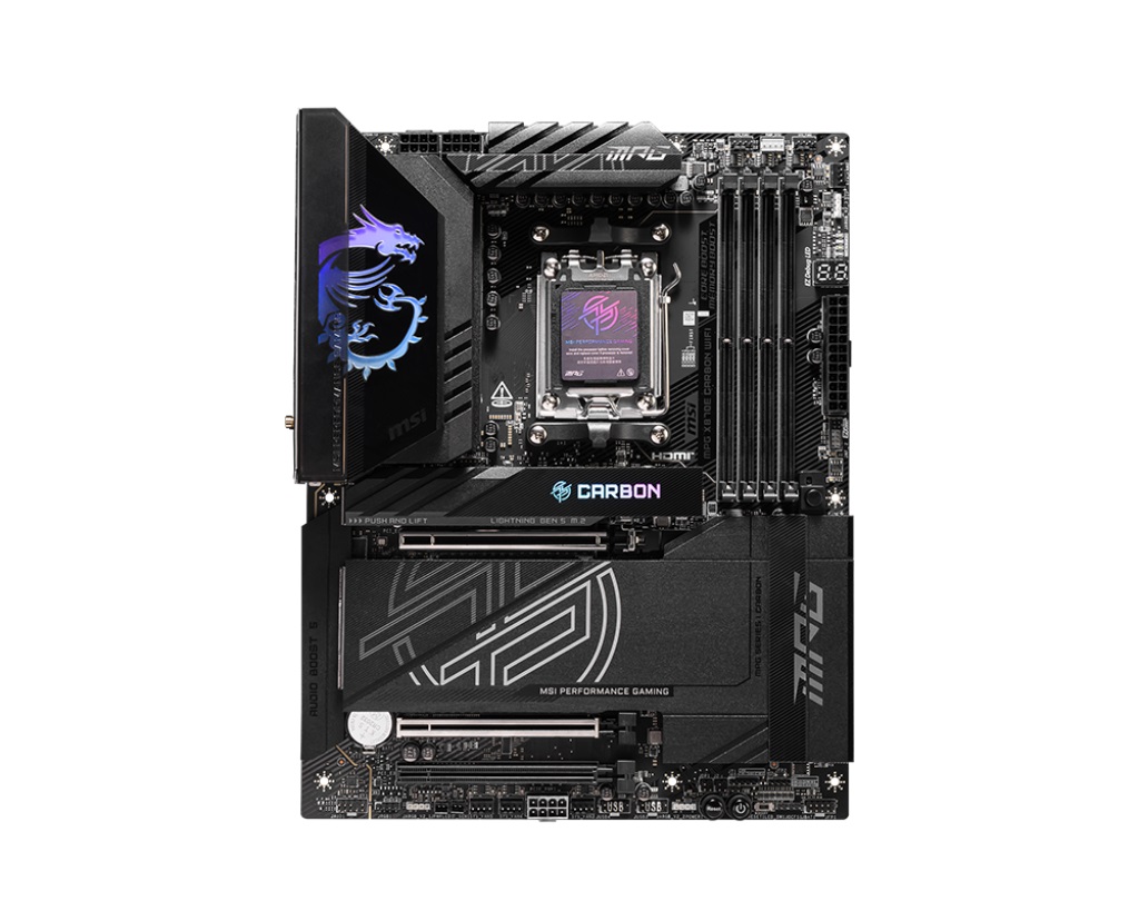 Материнская плата ATX MSI MPG X870E CARBON WIFI (AM5, AMD X870E, 4*DDR5 (8200), 4*SATA 6G RAID, 4*M.2, 3*PCIE, WiFi, BT, 6*USB 3.2 Gen2, 3*USB 3.2 Gen