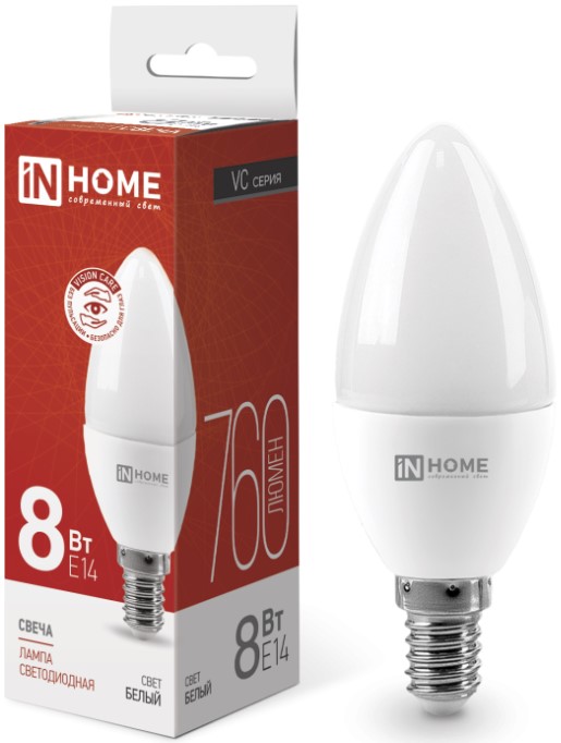 Лампы светодиодные  Xcom-Shop Лампа светодиодная IN HOME 4690612020433 LED-СВЕЧА-VC 8Вт свеча 4000К нейтральный, белый E14 760лм