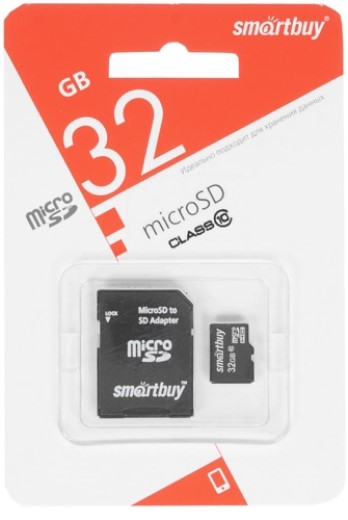MicroSDHC Карта памяти 32GB SmartBuy SB32GBSDCL10-01LE Class 10, SD адаптер